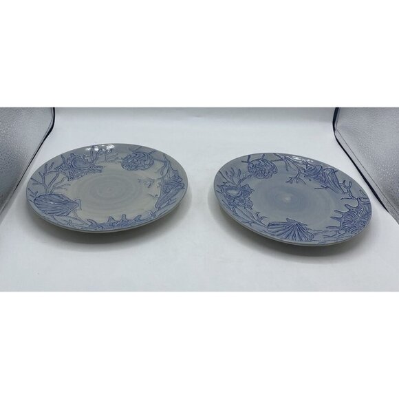 Pottery Barn Salad Plate Dessert Blue Shell Ocean Beach Coastal Coral  8" Lot 2 - Picture 5 of 13